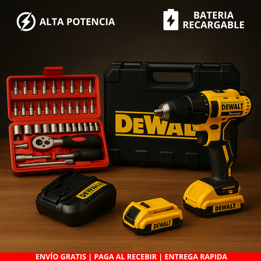 ¡Combo! Taladro DEWALT + 2 Baterías + Kit de Herramientas (46 Pzs)
